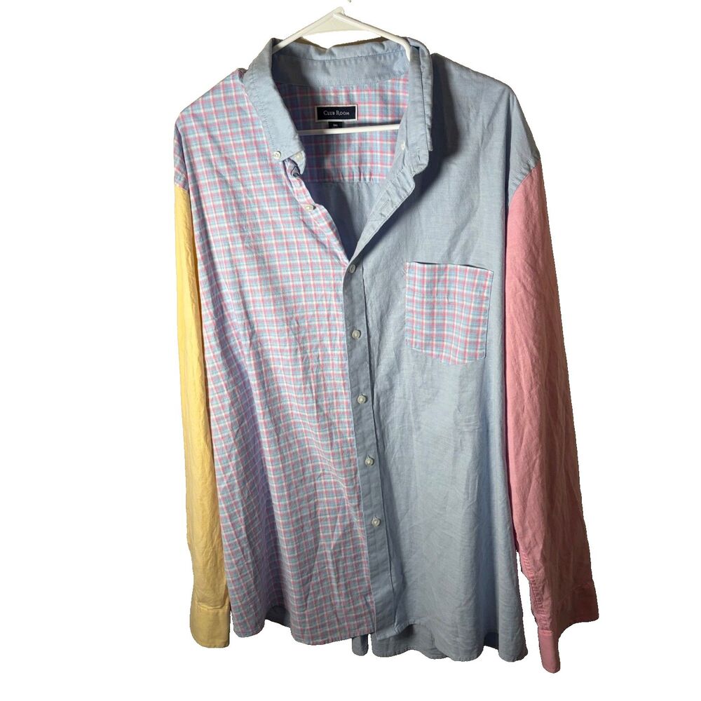 Club Room Shirt Men's 3XL Pastel Plaid Colorblock Long Sleeve Collared Casual